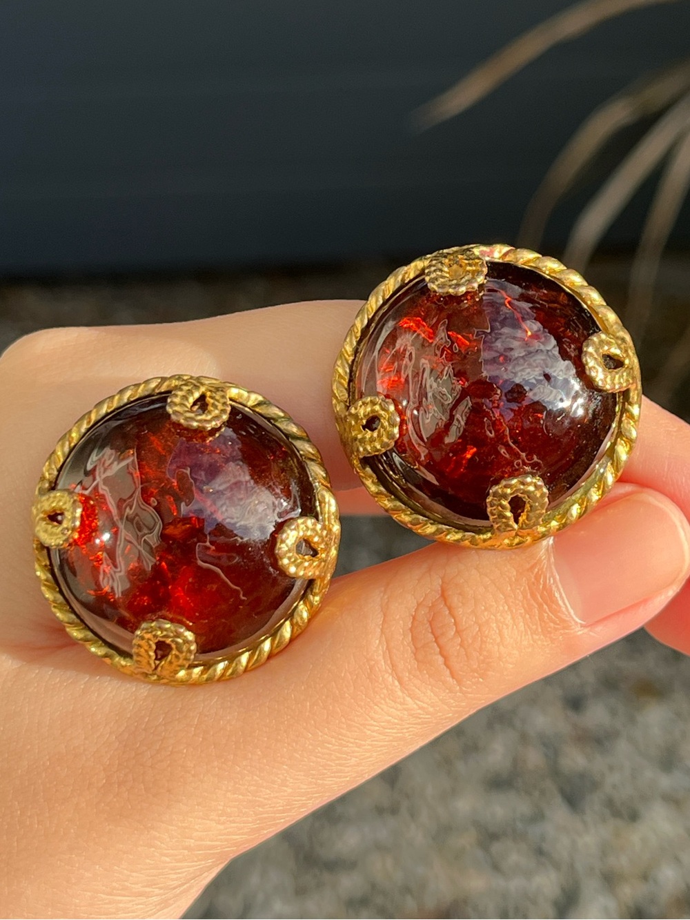 Vintage Dominique Aurientis Large Red Poured Glass Cabochon Gold Clip Earrings